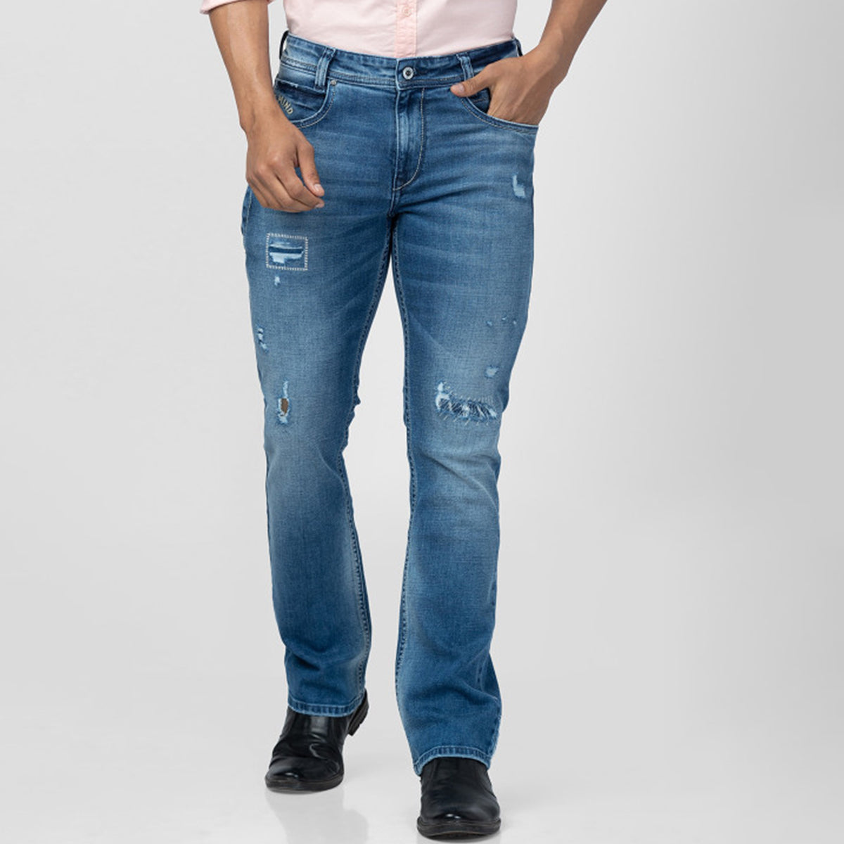 Tapered Fit Stretch Jeans for Men Medium Wash Mid Rise