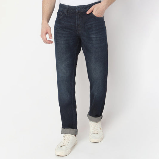 Rugged Washed Jeans for Men Straight Cut Dark Tone