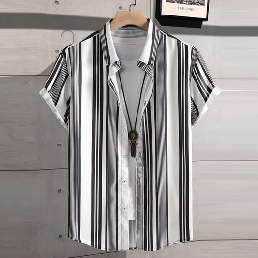 Men's Cotton Vertical Stripe Shirt Short Sleeve Black and White